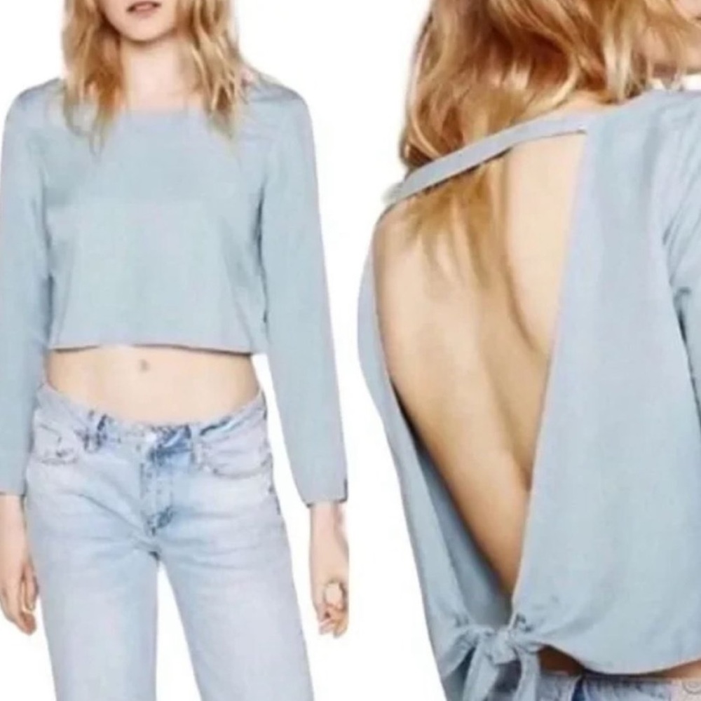 18. Zara Basic Couture Long Sleeve Light Blue Chambray Crop Top Open Back Blouse